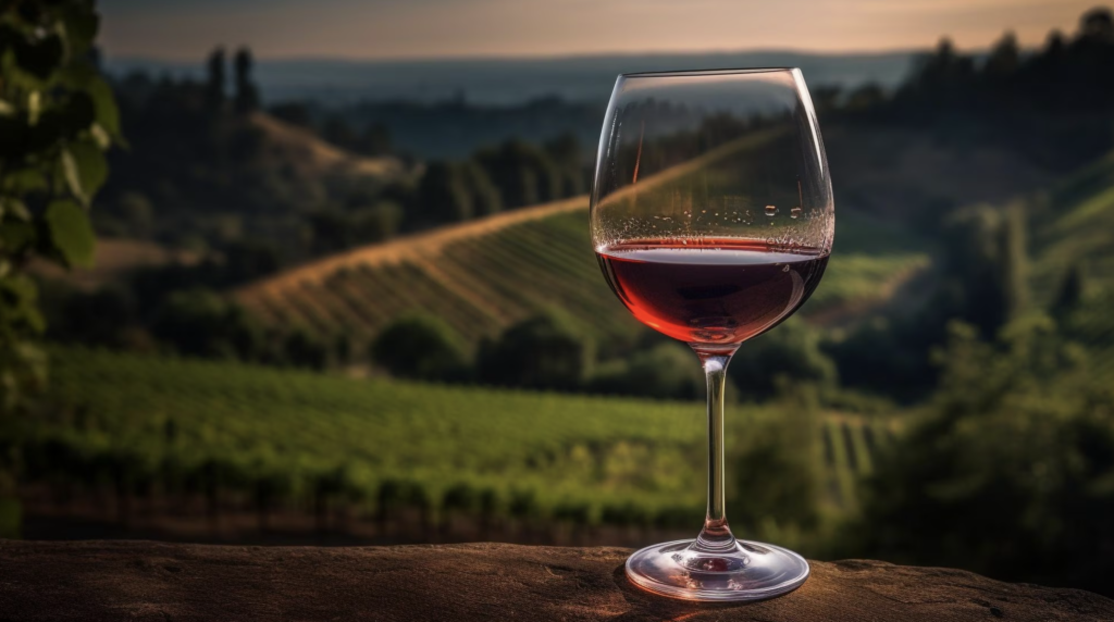 A glass of wine with vineyards in the background.