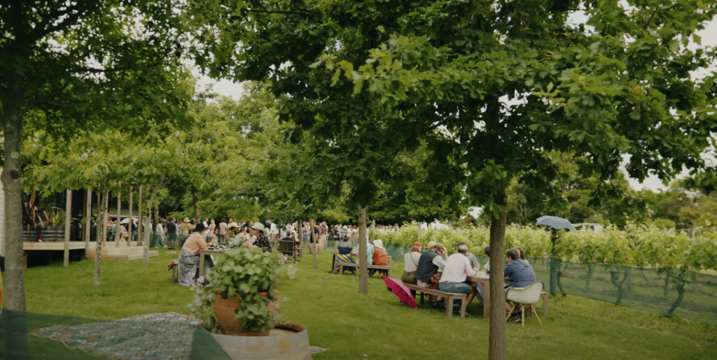Groups of people sitting on park benches, surrounded by lush greenery, at a wine festival.