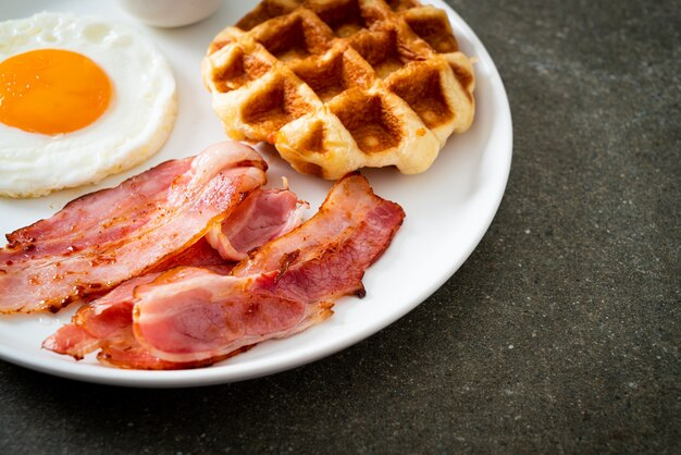 Waffle, bacon and egg